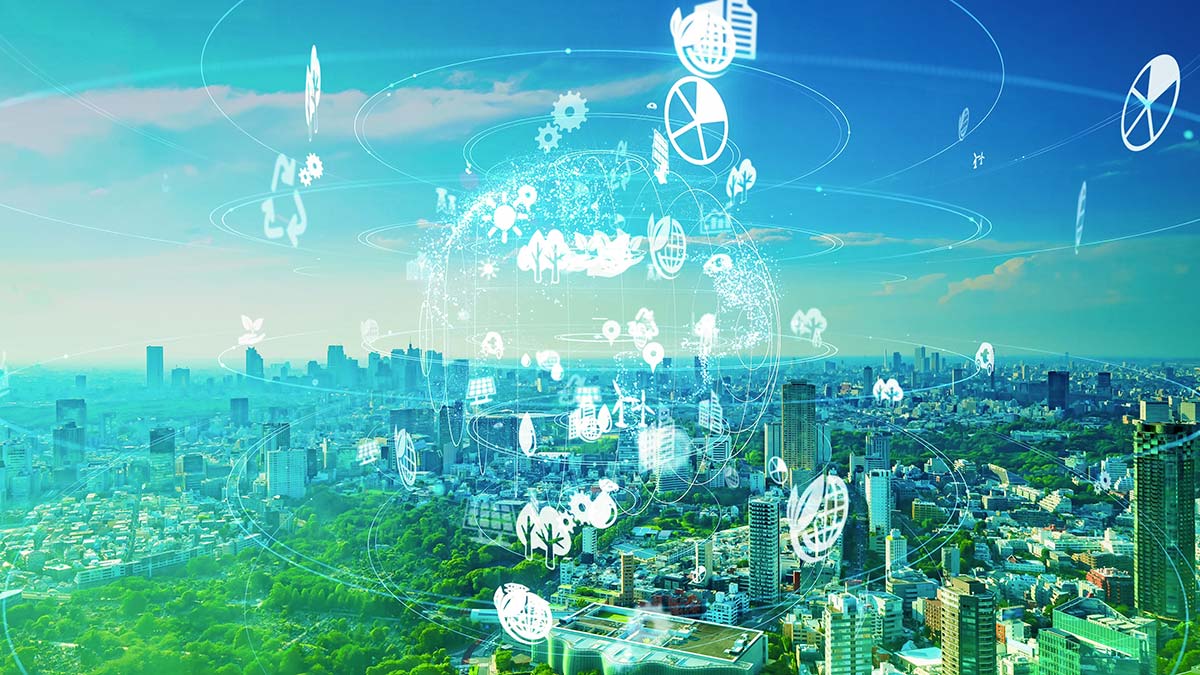 città con grafiche che rappresentano il progresso delle nanotecnologie per l'ambiente